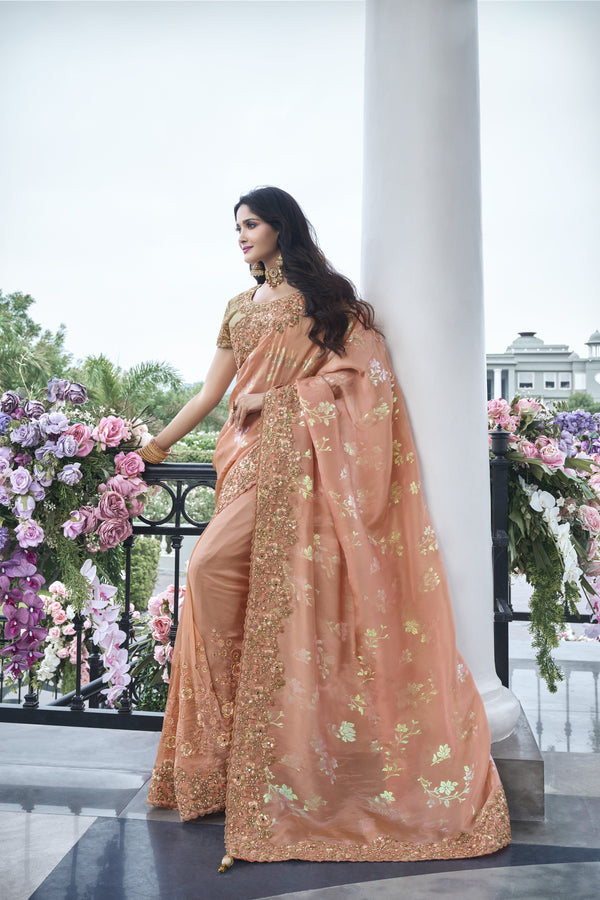 Peach Designer Embroidery Saree