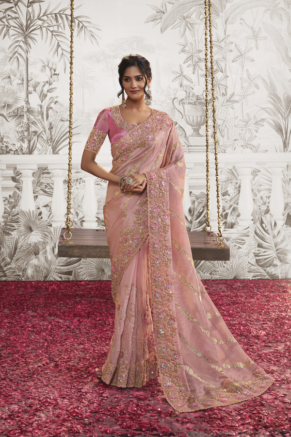 Light-Pink Designer Embroidery Saree