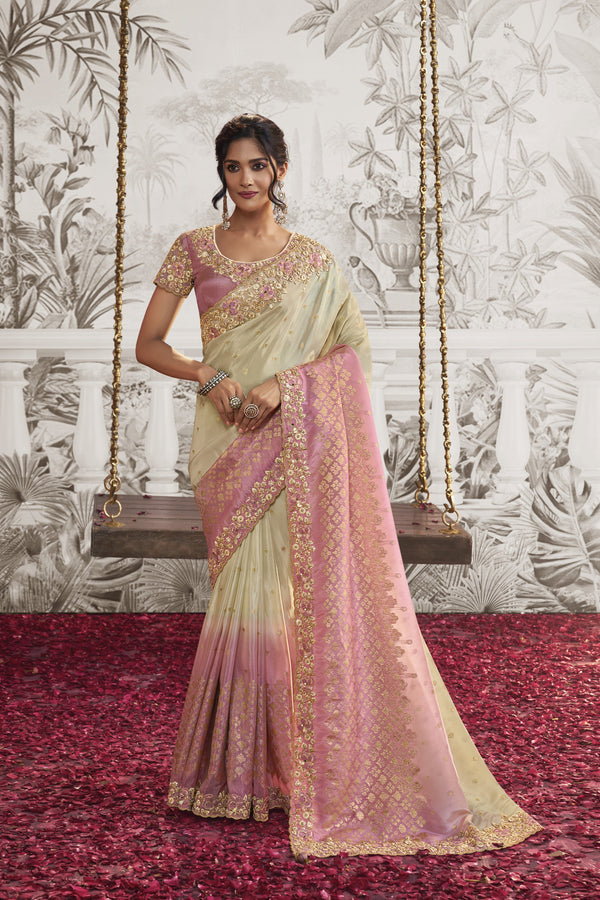 Shaded White-Pink Embroidery Saree