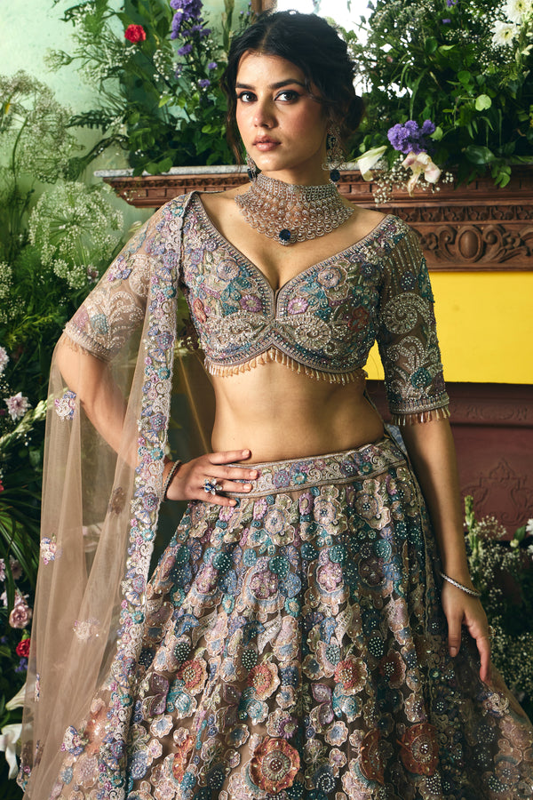 MULTICOLOUR GIRLISH NET LEHENGA