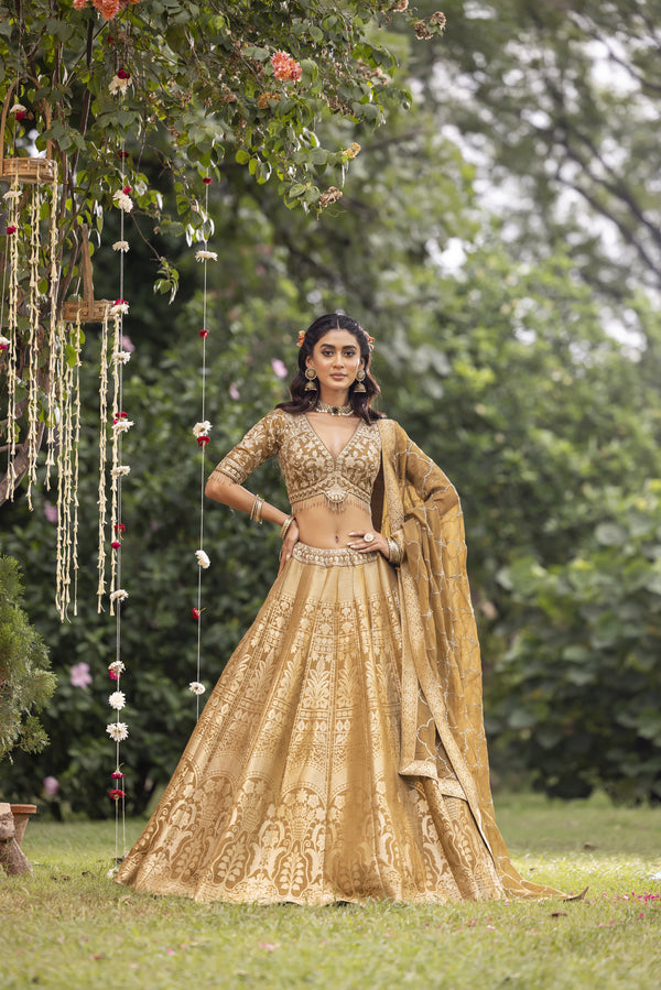 PREMIUM GOLDEN BANARASI SILK LEHENGA WITH BLOUSE DUPATTA