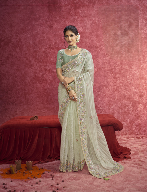 DESIGNER PURE WEAVE PISTA SAREE