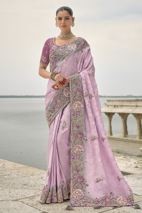 Lavender Embroidered Pure Silk Saree