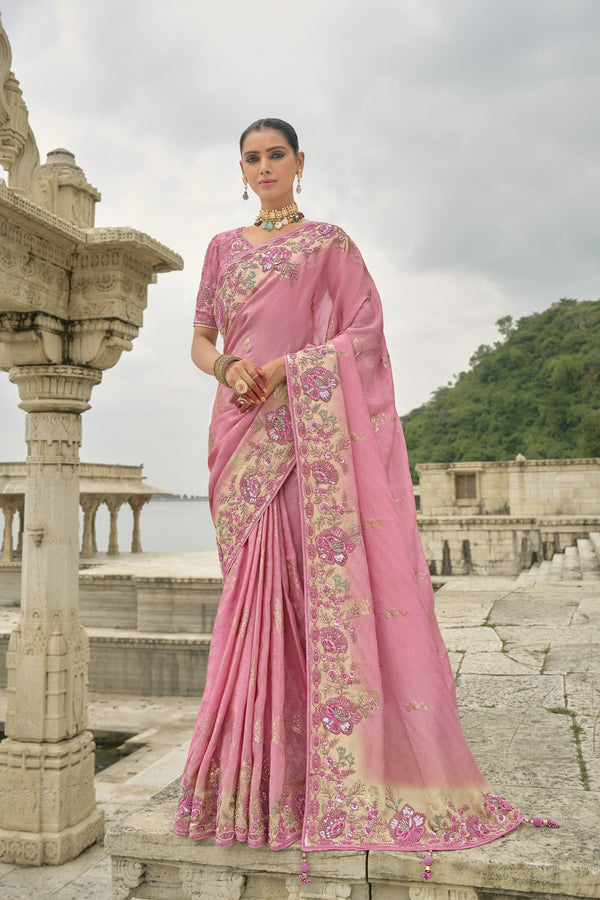 Salmon Pink Embroidered Pure Silk Saree