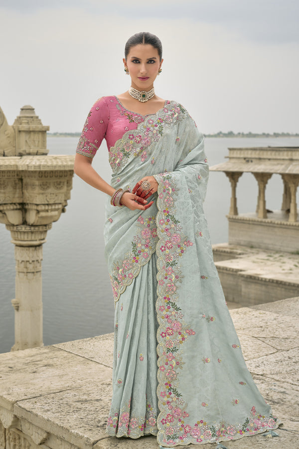 Pastel Blue Embroidered Pure Silk Saree