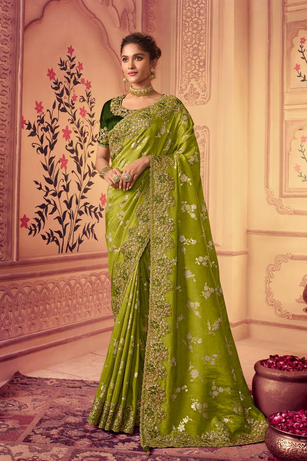 Mehendi Green Cousmo Tissue Silk Saree