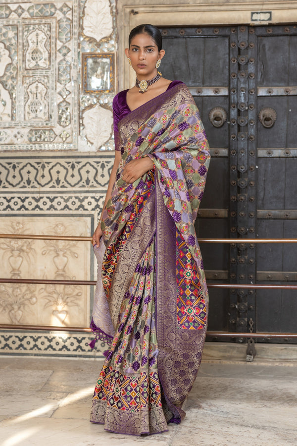 Vibrant Patola Purple Multicolored Gajji Satin Saree
