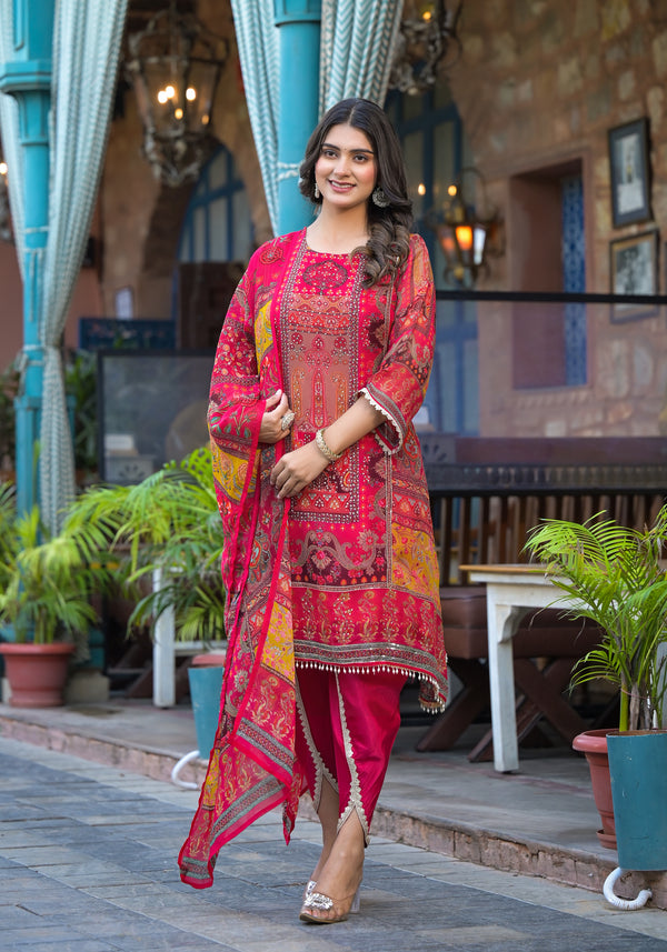 Stylish pink multicolor design organza dhoti kurti set