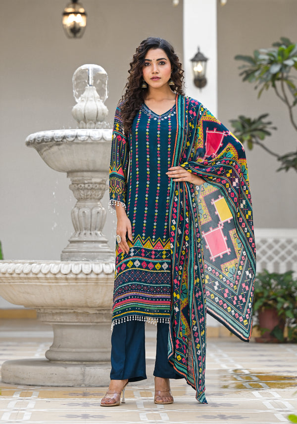 Traditional Blue Chinon Kurti with Pants & Dupatta