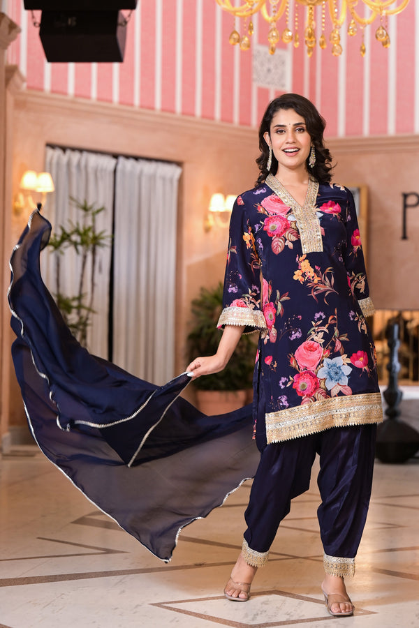 Floral Print Crape Kurti pants with dupatta