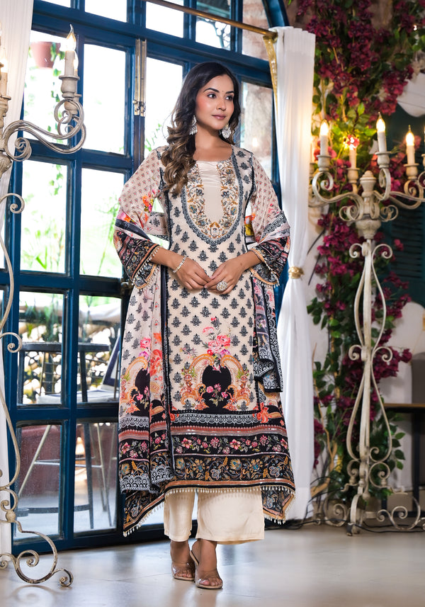 Printed Cream Color kurti with pants & dupatta