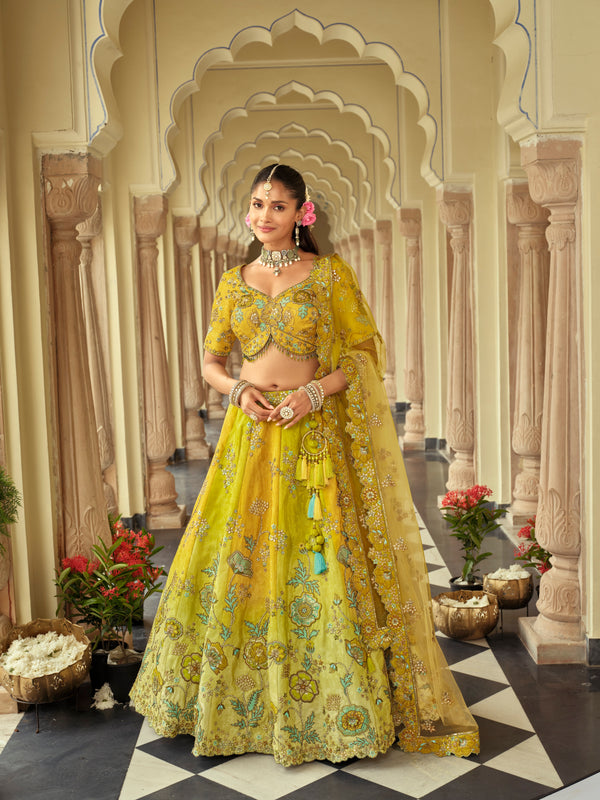 DESIGNER YELLOW SHADED SILK LEHENGA
