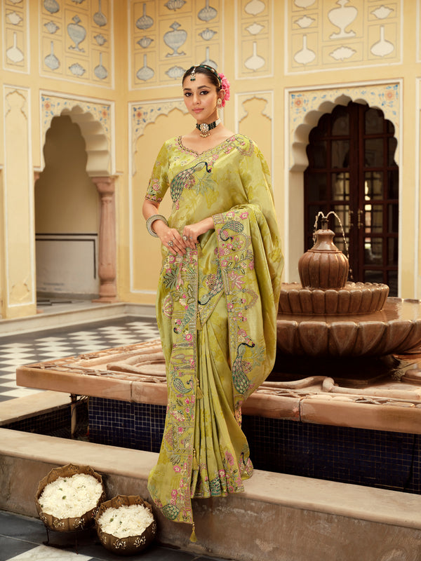 Traditional Green Premium Fabric Saree with Embroidery and Patchwork
