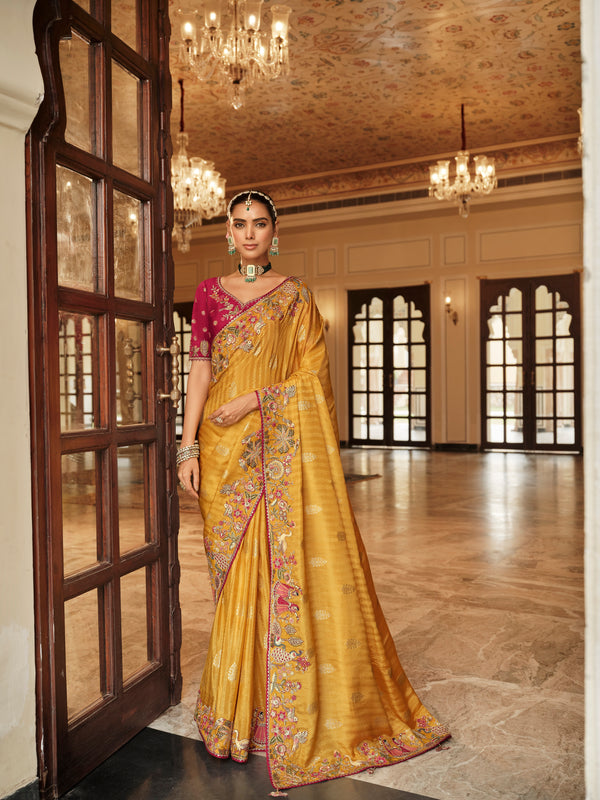 Traditional Mustard Premium Fabric Saree with Embroidery and Patchwork