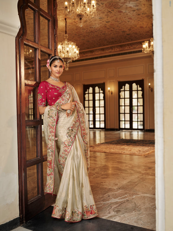 Traditional Cream Premium Fabric Saree with Embroidery and Patchwork