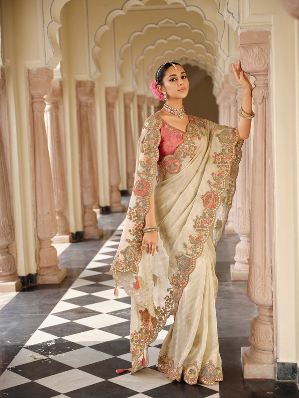 Traditional Cream Pink Premium Fabric Saree with Embroidery and Patchwork