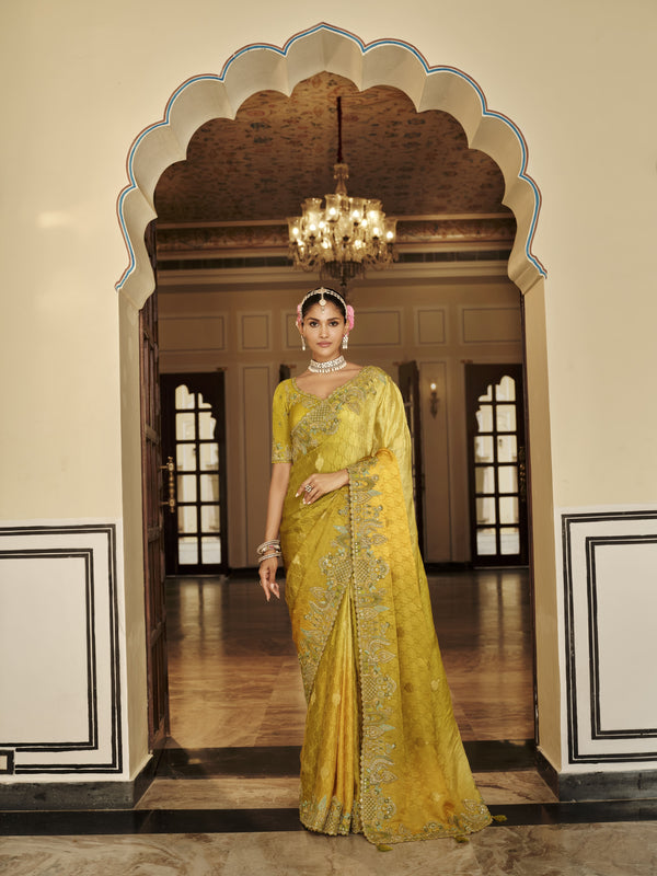 Traditional Yellow Premium Fabric Saree with Embroidery and Patchwork