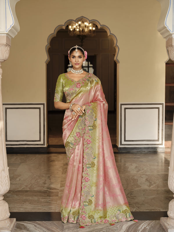 Traditional Pink Green Premium Fabric Saree with Embroidery and Patchwork