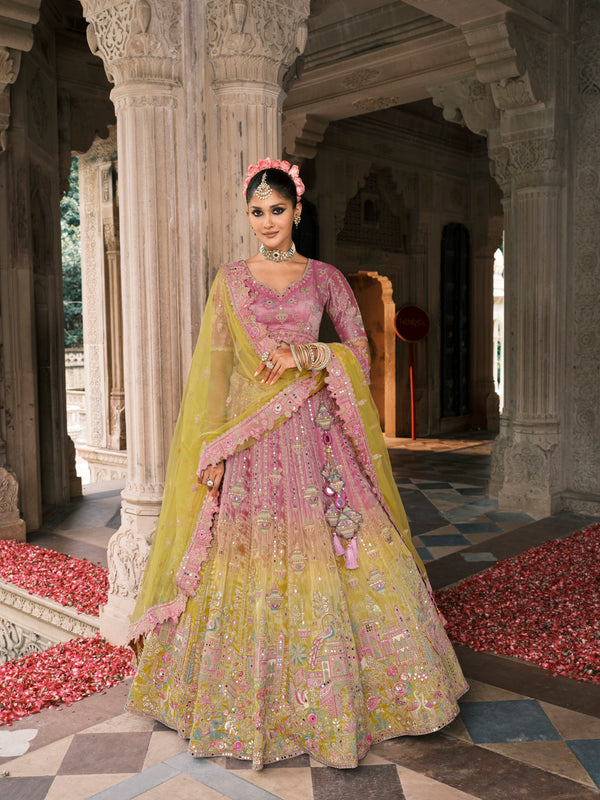PINK GREEN MULTICOLOUR HANDWORK PREMIUM FANCY SILK LEHENGA SET