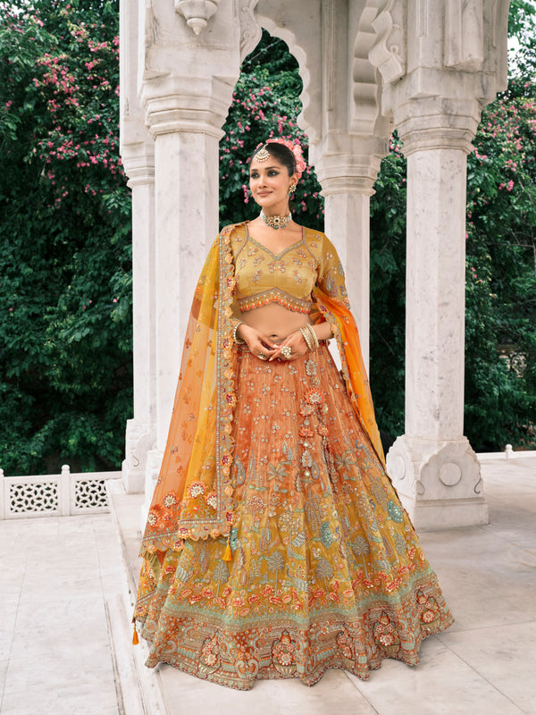 ORANGE MULTICOLOUR HANDWORK PREMIUM FANCY SILK LEHENGA SET