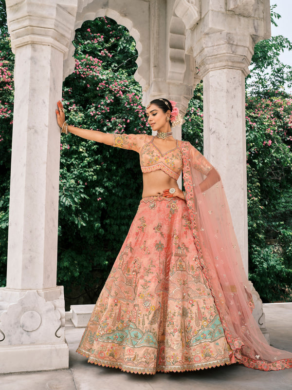 PEACH MULTICOLOUR HANDWORK PREMIUM FANCY SILK LEHENGA SET