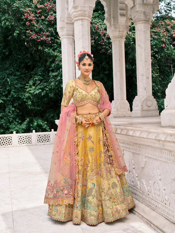 YELLOW CREAM MULTICOLOUR HANDWORK PREMIUM FANCY SILK LEHENGA SET
