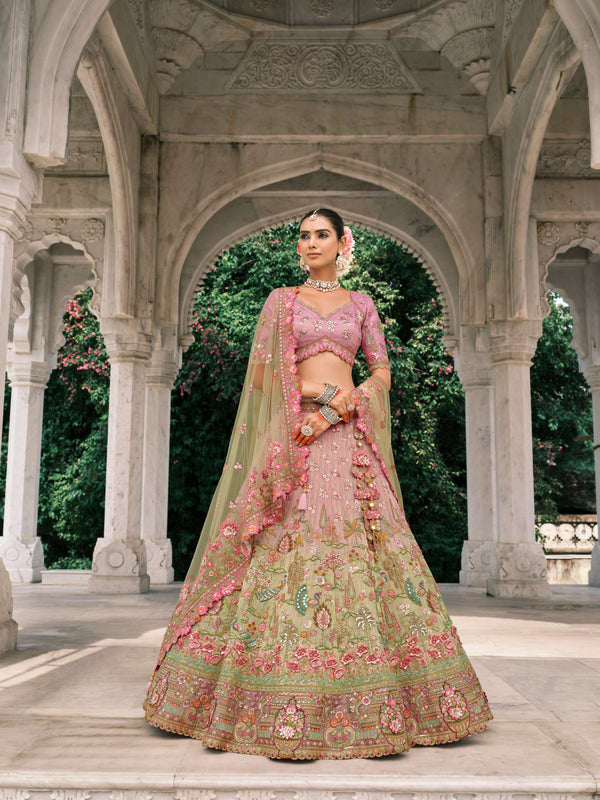 PINK MULTICOLOUR HANDWORK PREMIUM FANCY SILK LEHENGA SET