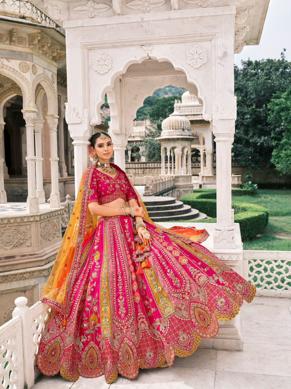 PINK MULTICOLOUR HANDWORK PREMIUM FANCY SILK LEHENGA SET