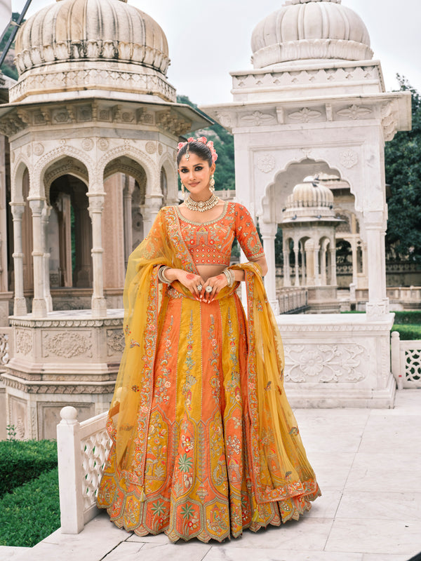 ORANGE & YELLOW MULTICOLOUR HANDWORK PREMIUM FANCY SILK LEHENGA SET
