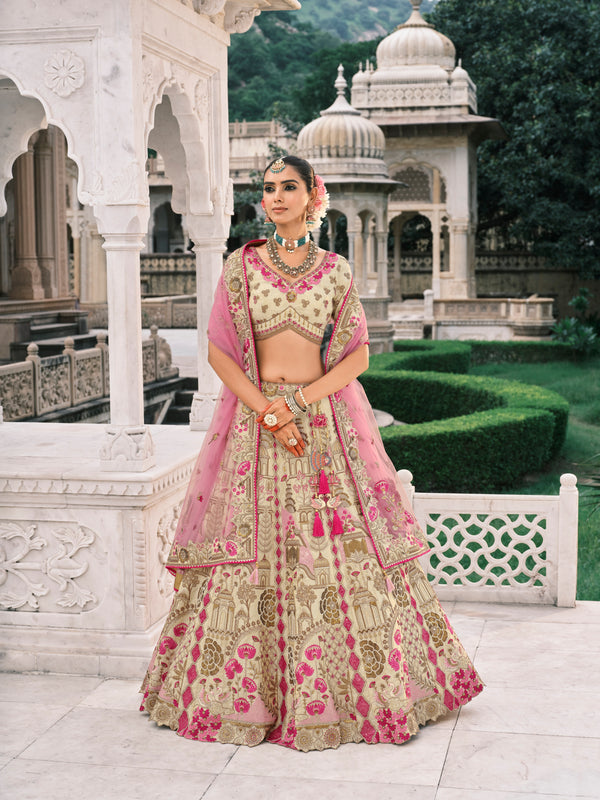 CREAM & PINK HANDWORK PREMIUM FANCY SILK LEHENGA SET