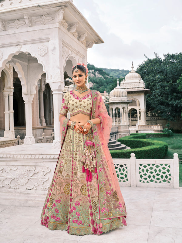CREAM PINK MULTICOLOUR HANDWORK PREMIUM FANCY SILK LEHENGA SET