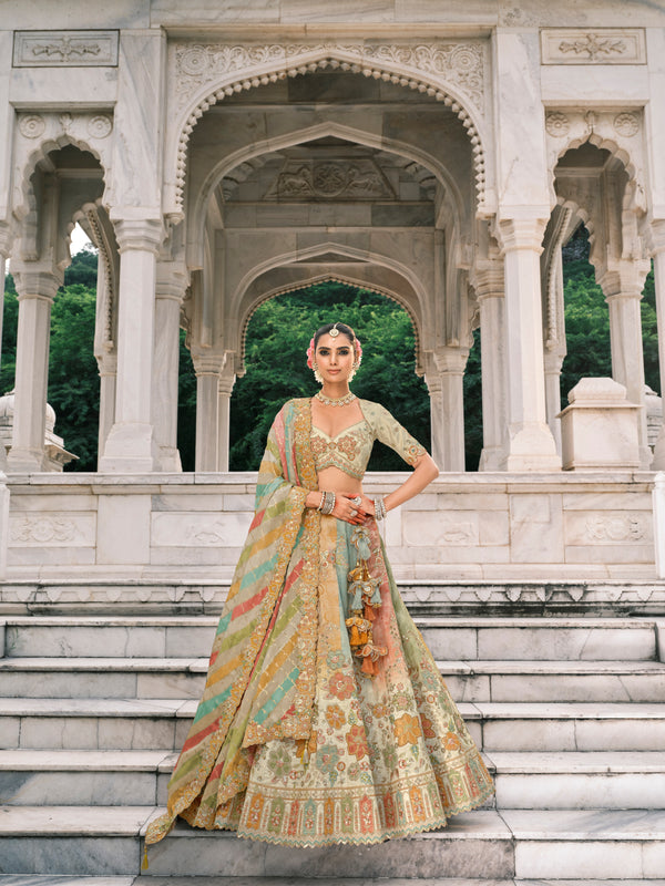 CREAM MULTICOLOUR HANDWORK PREMIUM FANCY SILK LEHENGA SET