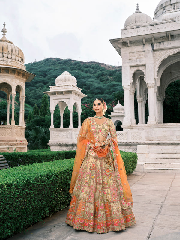 CREAM MULTICOLOUR HANDWORK PREMIUM FANCY SILK LEHENGA SET