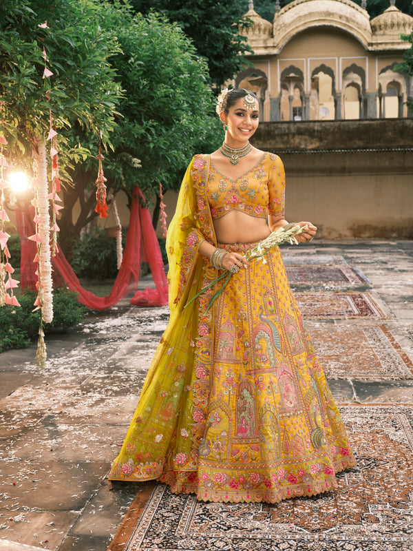 YELLOW MULTICOLOUR HANDWORK PREMIUM FANCY SILK LEHENGA SET