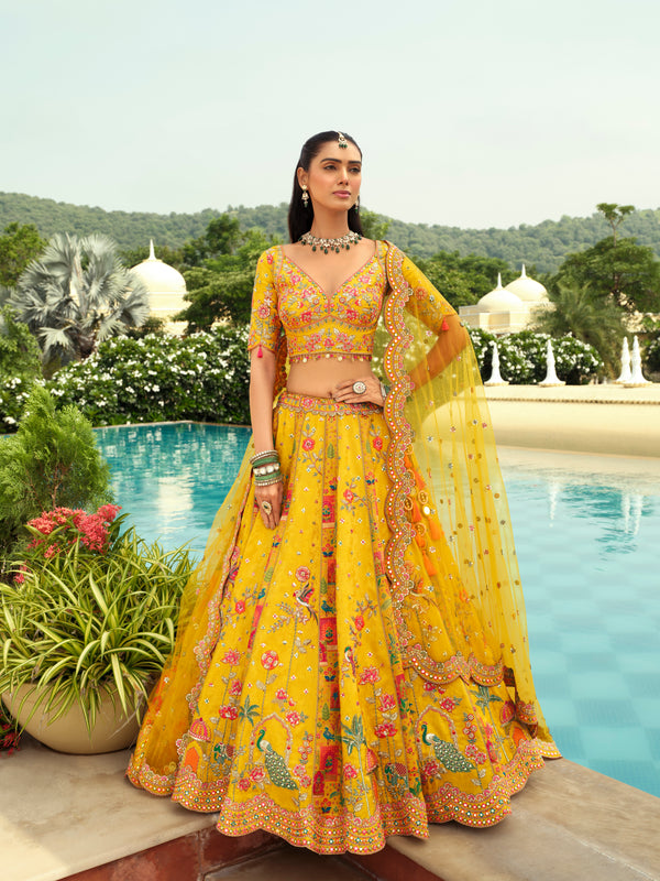 DESIGNER YELLOW MULTI SILK LEHENGA