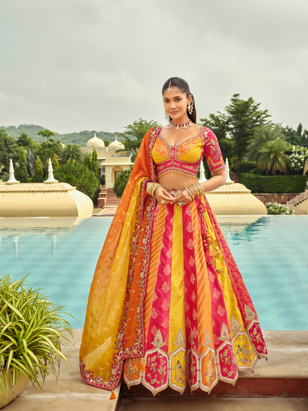 DESIGNER YELLOW PINK MULTI SILK LEHENGA