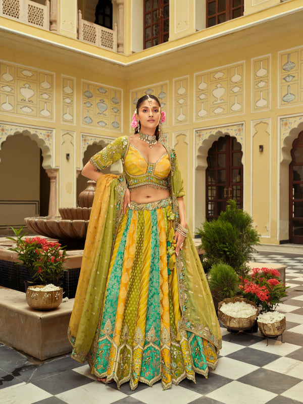 DESIGNER YELLOW GREEN SLIK LEHENGA