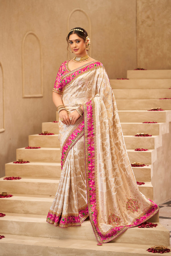 CREAM WITH HANDWORK SATIN SILK SAREE