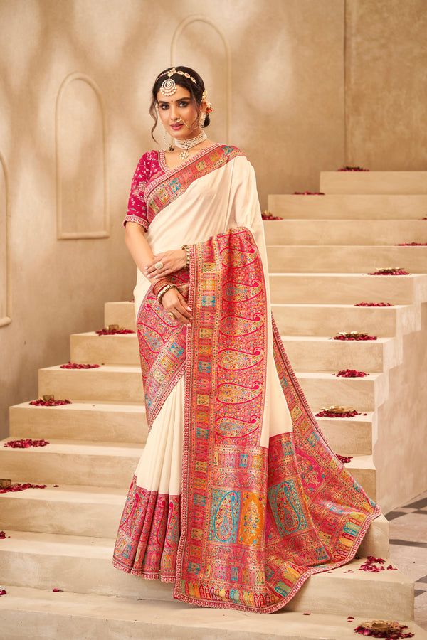 CREAM SATIN SILK SAREE WITH BLOUSE