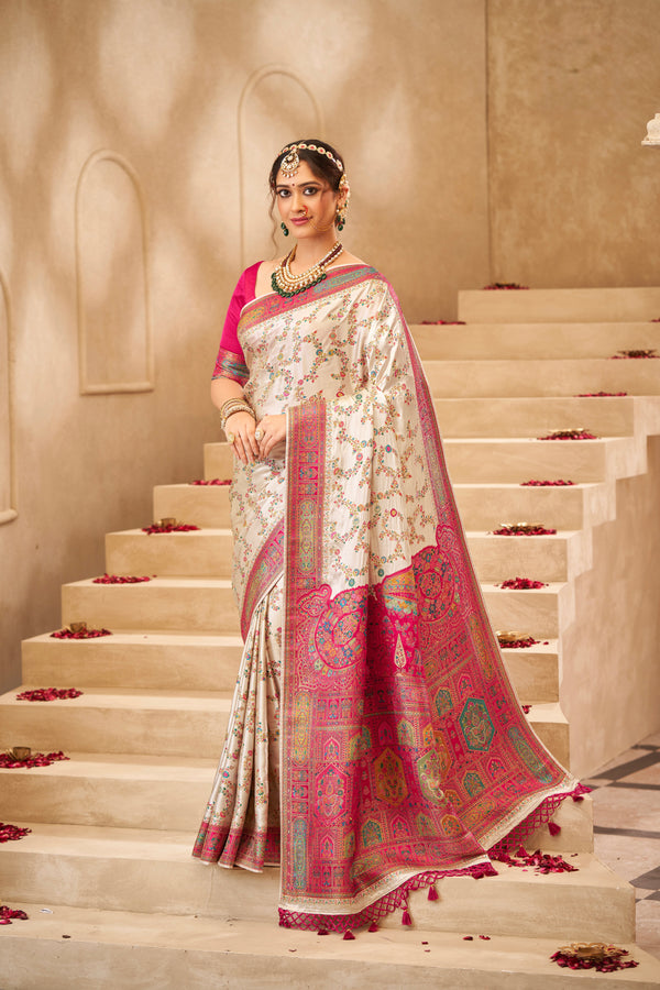 CREAM PINK MIULTI SATIN SILK SAREE