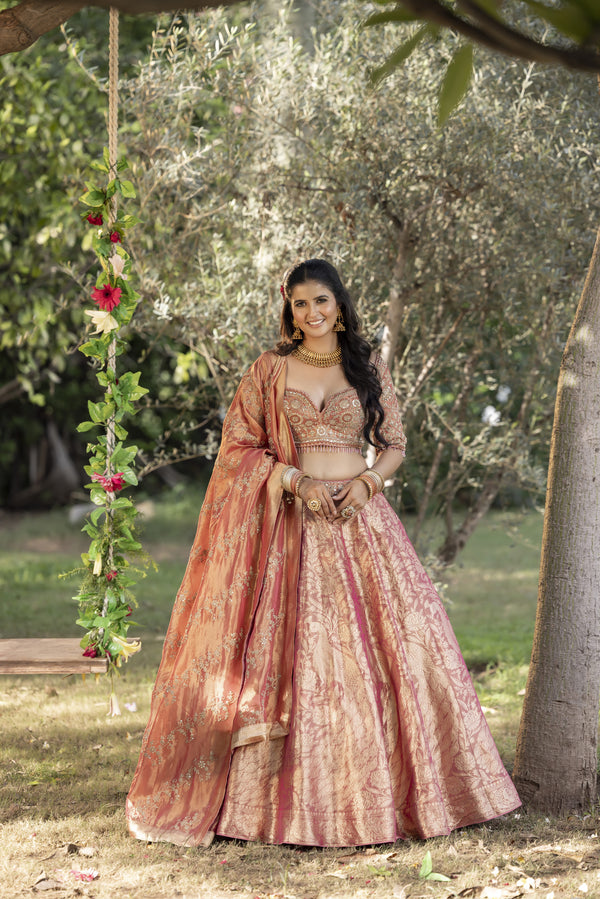 ELEGANT PEACH PEACOCK DESIGN BANARASI SILK LEHENGA