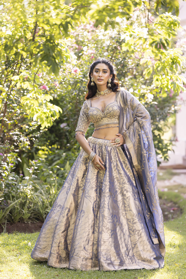 ELEGANT PURPLE PEACOCK DESIGN BANARASI SILK LEHENGA