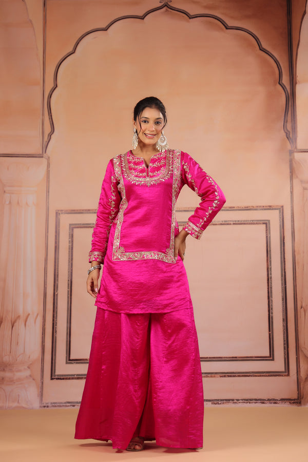 PINKISH KORA SILK PURE HANDWORK KURTA SET