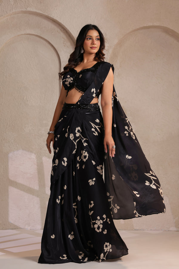 DRAPE BLACK SAREE  WITH WORK