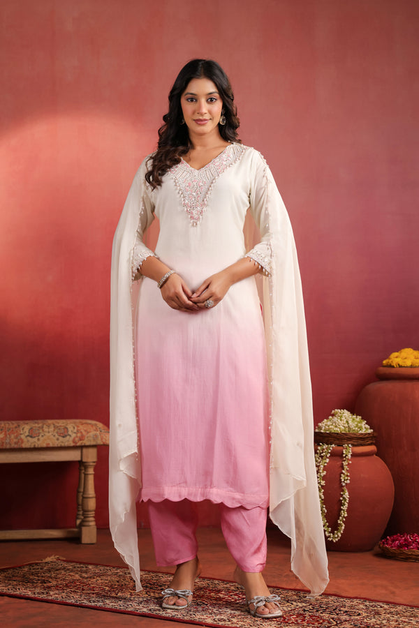 NOOR WHITE PINK SHADED KURTI PANT SET