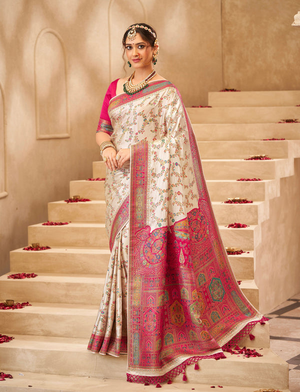 CREAM PINK MIULTI SATIN SILK SAREE