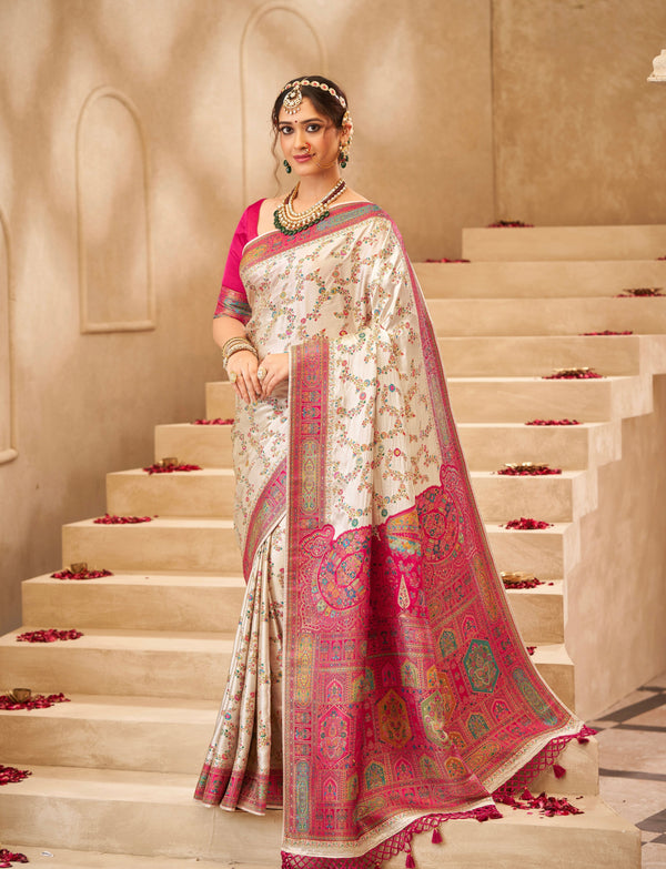 CREAM WITH HANDWORK DOLA SILK SAREE
