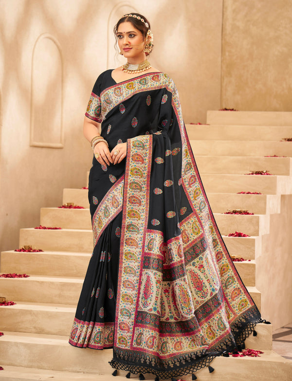 BLACK TUSSAR SILK SAREE WITH BLOUSE