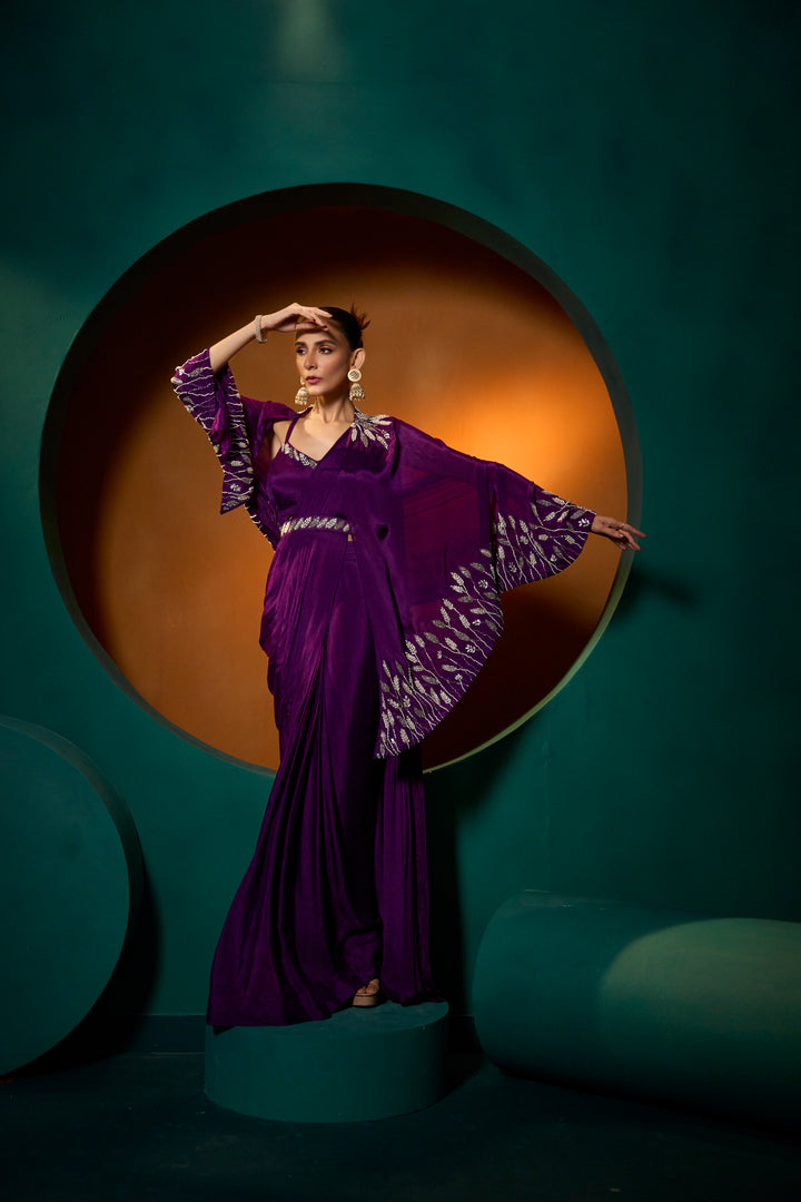 Iconic Purple Chinon Silk Draped Saree With Cape – Velonia Studio