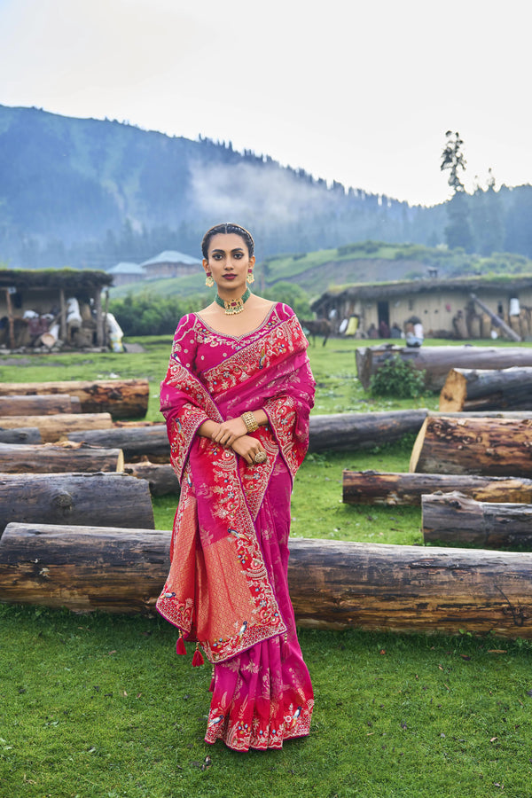 Traditional Red Rani Pure Dola Silk Saree with Embroidery and Patchwork